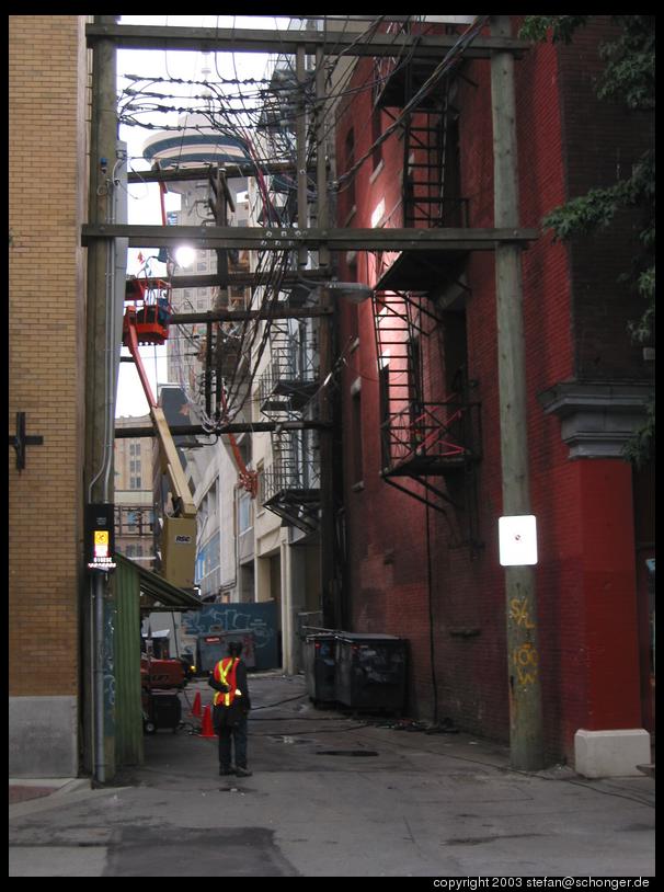 Film crew in an alley, Gastown, Vancouver